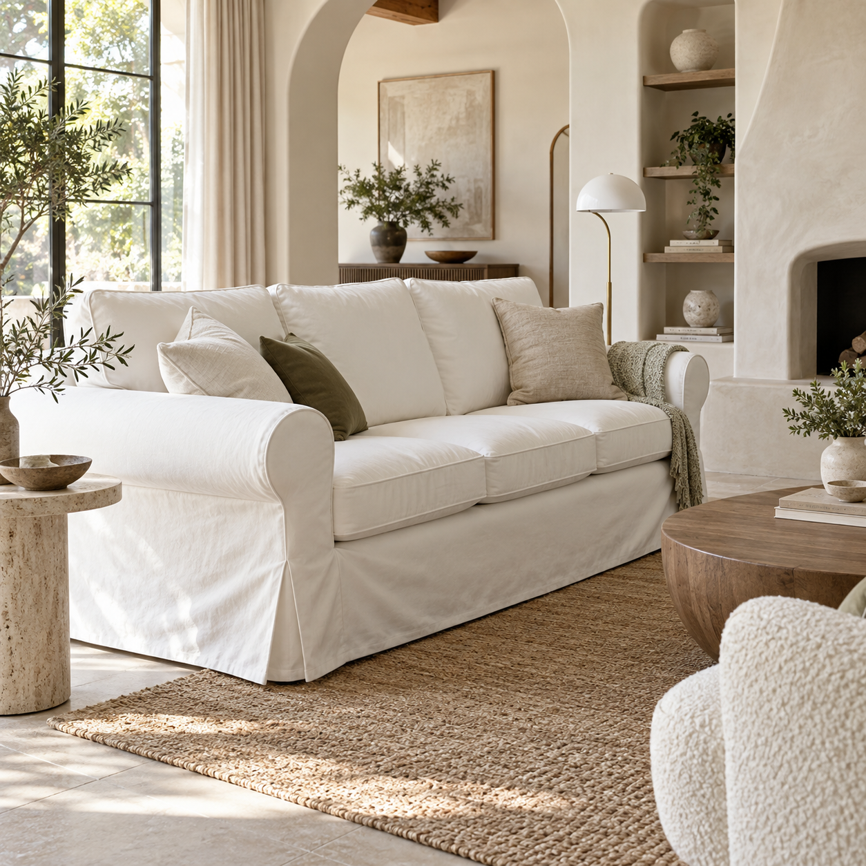 IKEA Ektorp Pixbo 3-seat sofa bed slipcover in white cotton canvas, organic front lifestyle view