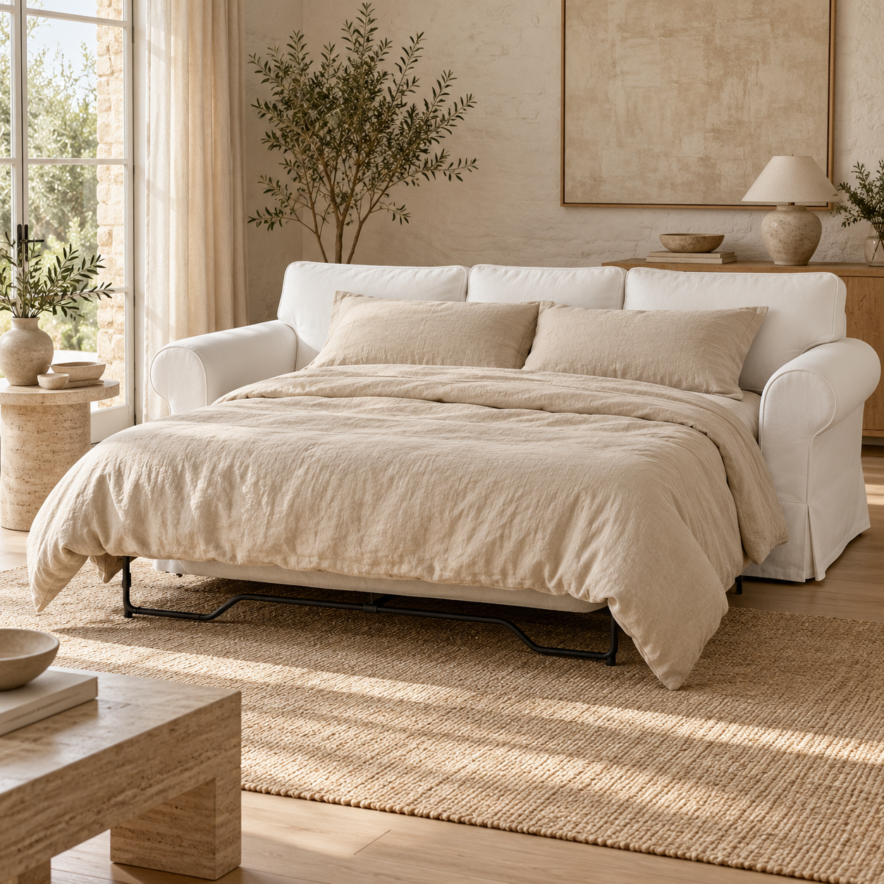 IKEA Ektorp Pixbo 3-seat sofa bed open with a white cotton canvas slipcover and beige linen bedding