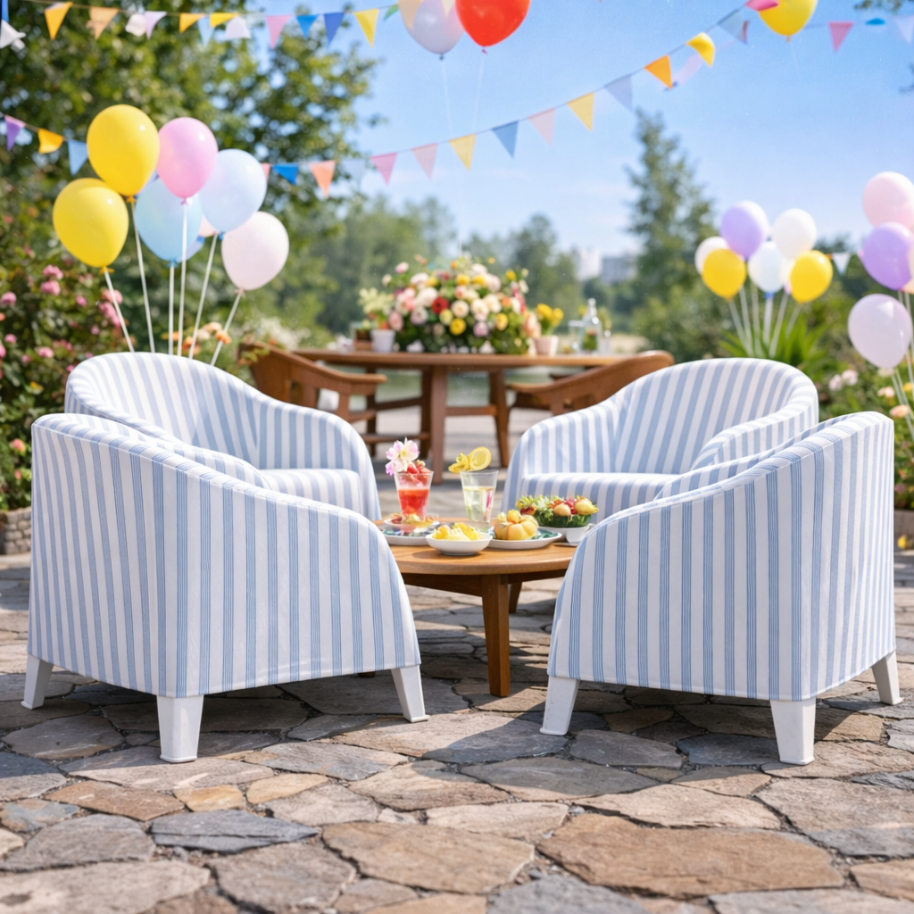 Two striped chairs on a stone patio with balloons and a table in the background.