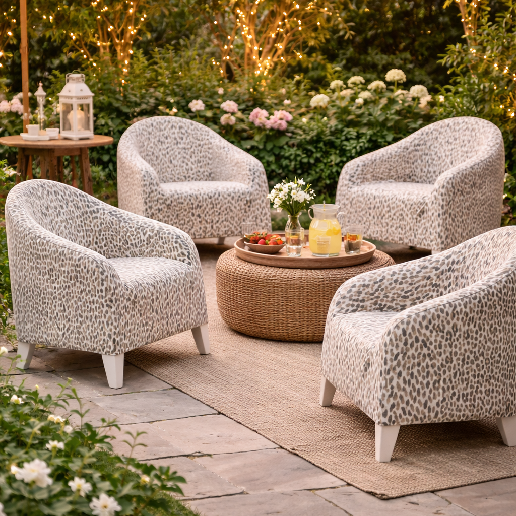 Outdoor patio setting with patterned chairs, a table, and string lights.