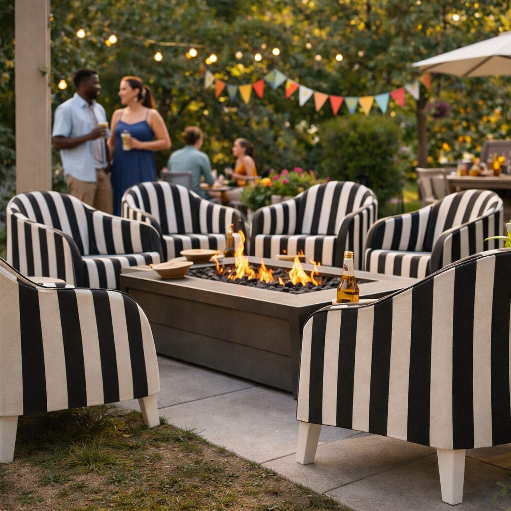 Outdoor patio with black and white striped chairs around a fire pit, people in the background.