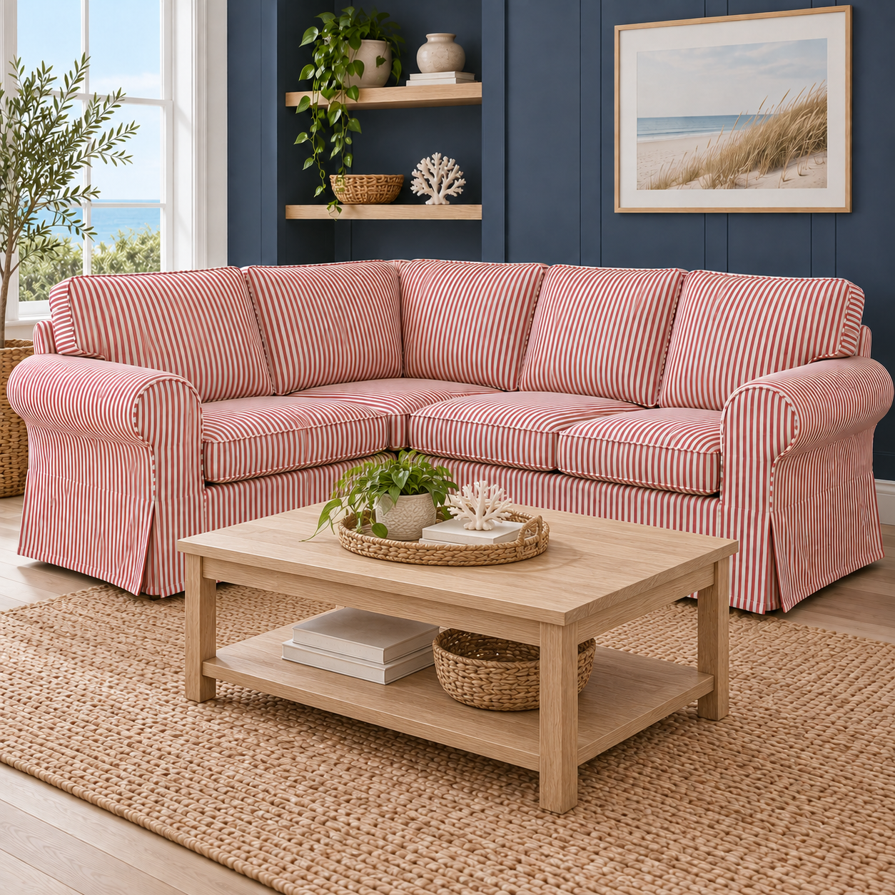 IKEA Uppland 4-seat corner sectional slipcover in terracotta red ticking stripe, front view in a bright coastal living room