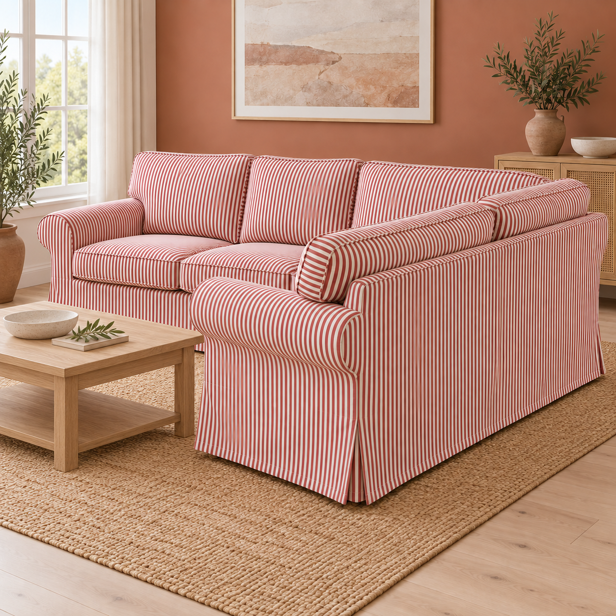 IKEA Uppland 4-seat corner sectional slipcover in terracotta red ticking stripe, three-quarter view in a bright modern living room