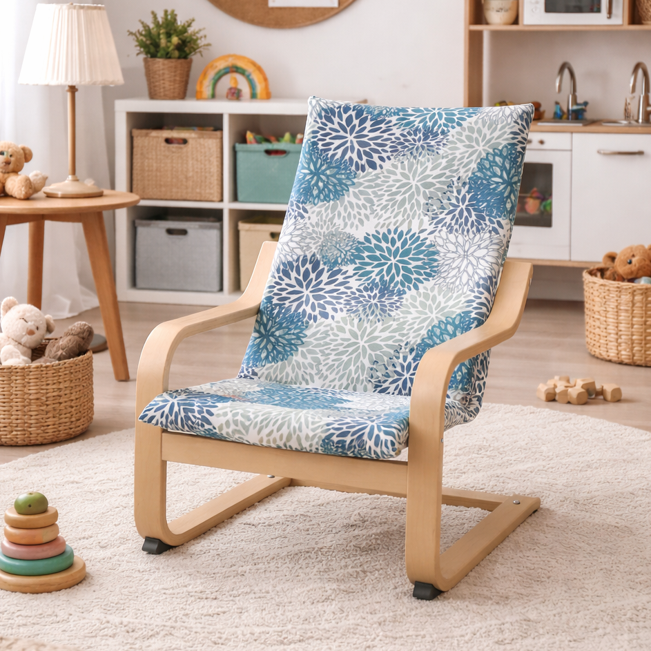 Children's room with a wooden chair featuring a blue and white patterned cushion, surrounded by toys and furniture.