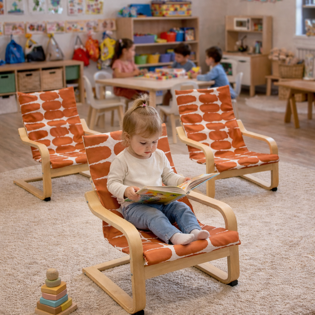 Child sitting on a chair in a classroom setting with educational materials and decorations.