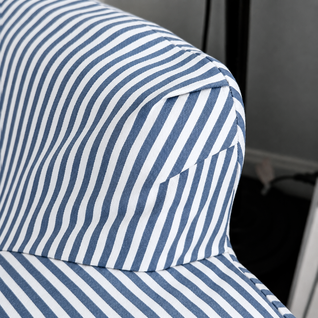 Blue ticking stripe fabric close-up