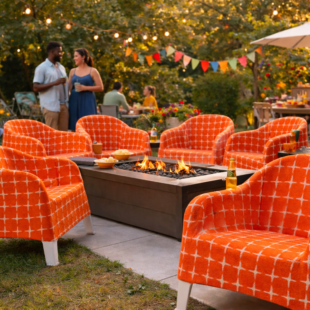 Outdoor gathering with orange checkered chairs around a fire pit, people in the background.