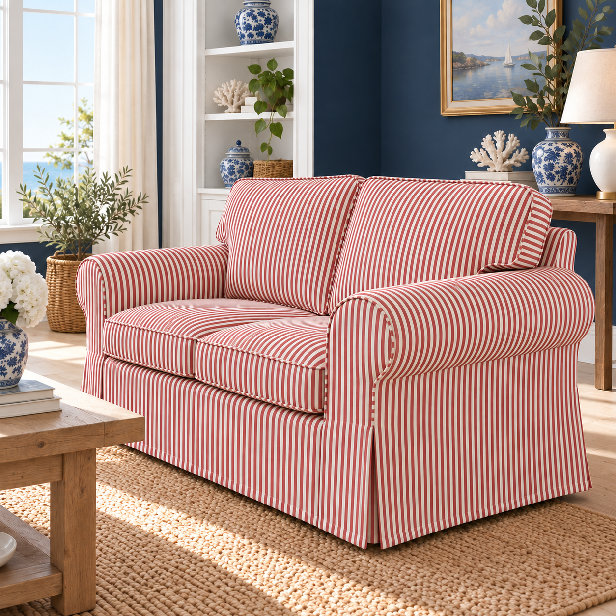 IKEA Ektorp 2-seater terracotta red ticking stripe slipcover in a coastal living room