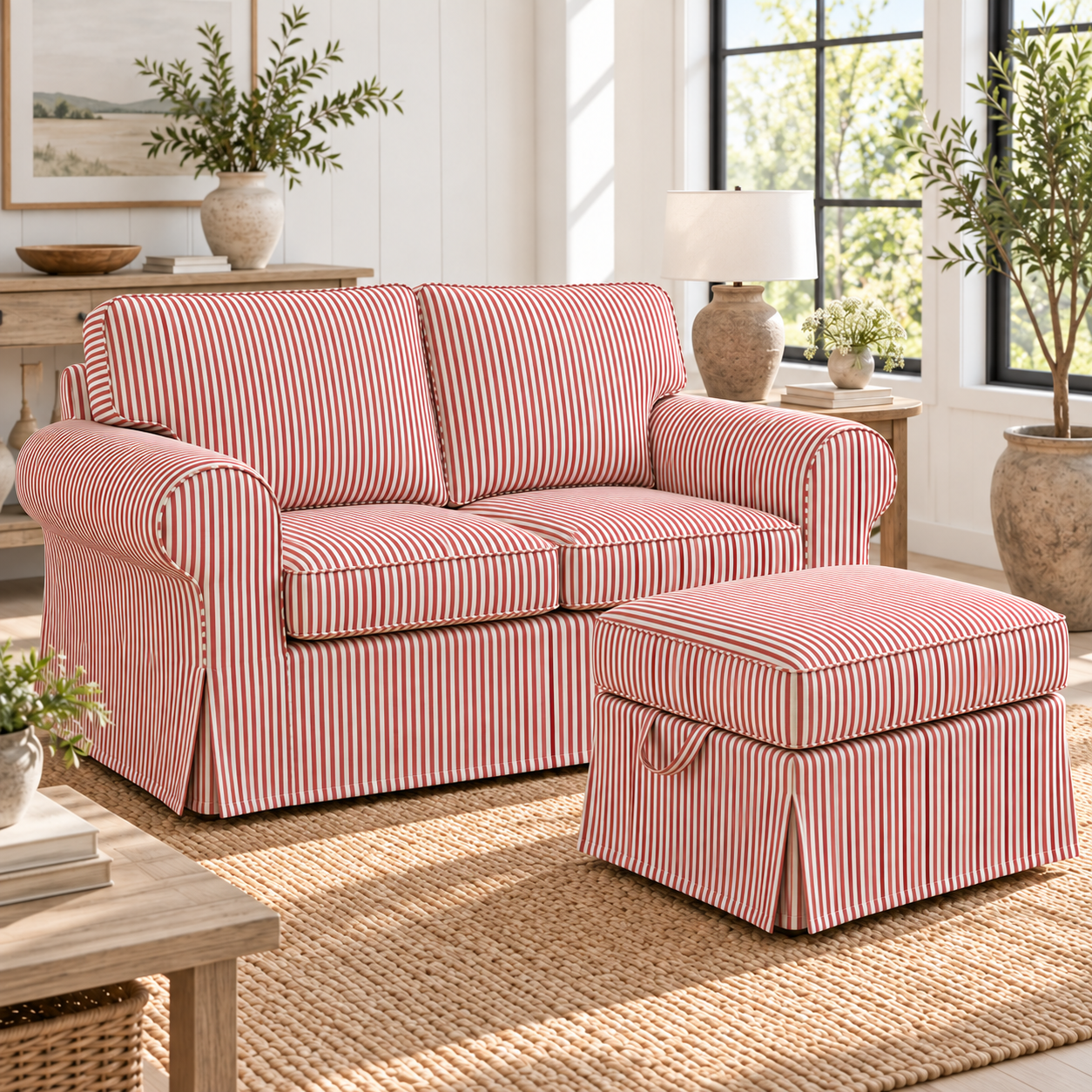 IKEA Ektorp 2-seater sofa and Bromma footstool terracotta red ticking stripe slipcovers