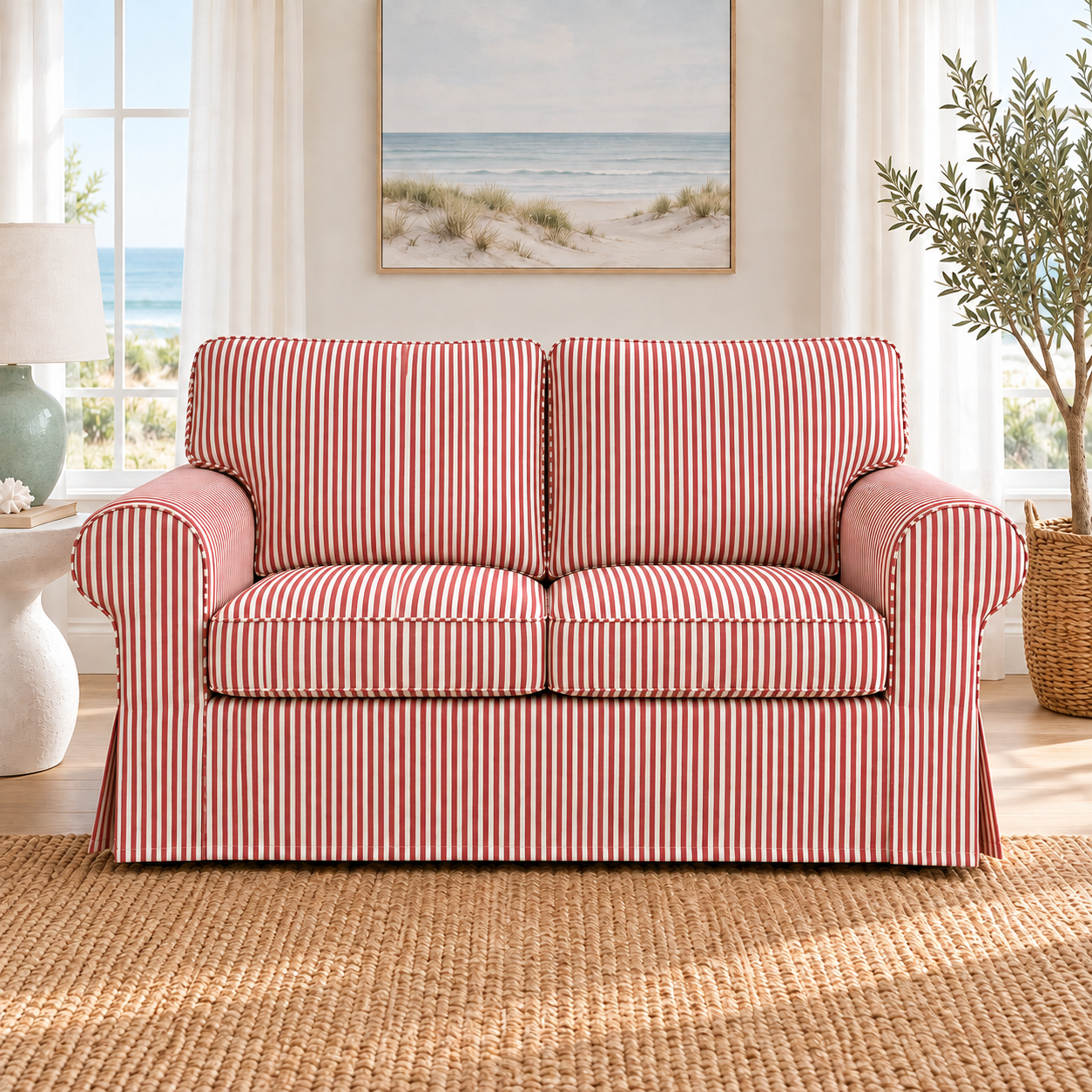 IKEA Uppland 2-seater sofa slipcover in terracotta red ticking stripe, front view