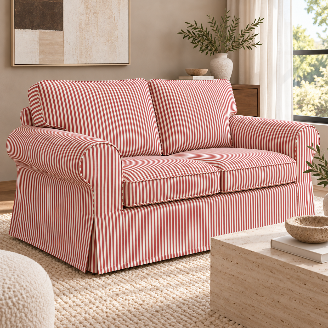 IKEA Uppland 2-seater sofa slipcover in terracotta red ticking stripe, left angle