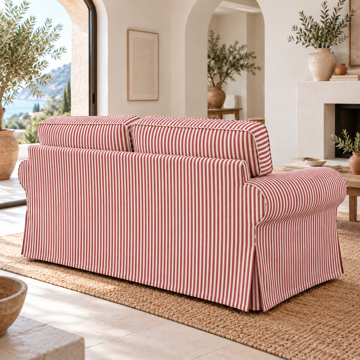 IKEA Ektorp 2-seater sofa slipcover in terracotta red ticking stripe, rear angle