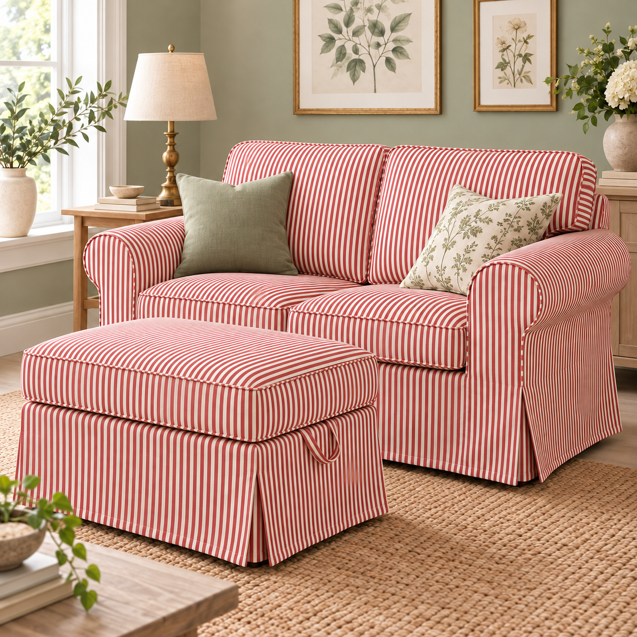 IKEA Uppland 2-seater sofa and footstool slipcovers in terracotta red ticking stripe