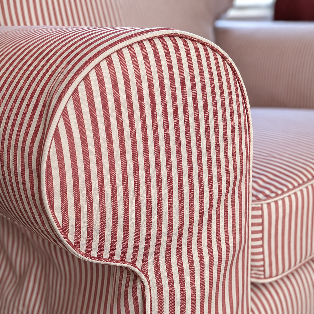 Ektorp Terracotta Red Ticking Stripe fabric closeup 1