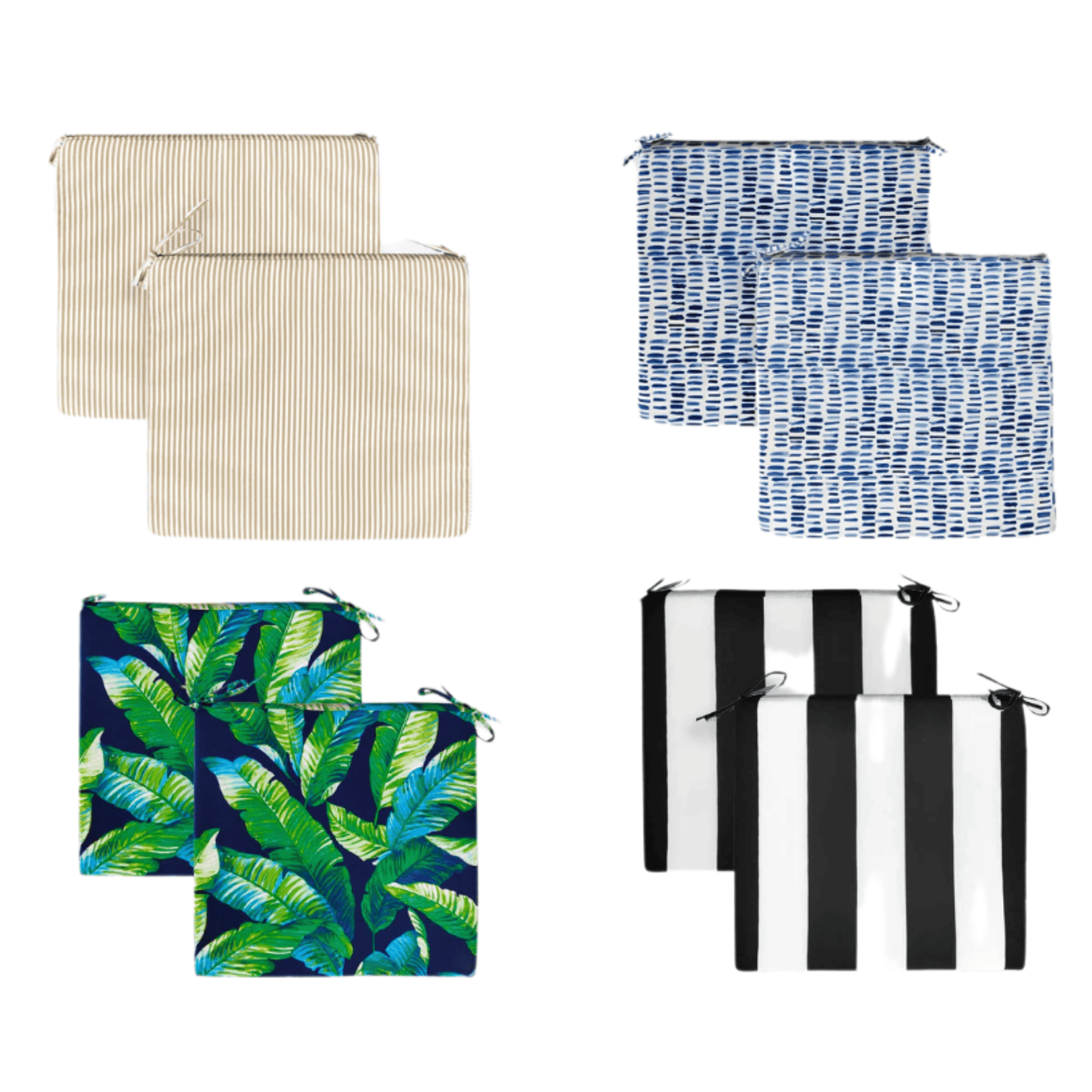 Rockin Cushions Chair Pads Mixed Square Outdoor Chair Pads (Set of 2) — Bulk Clearance Lot, 120 Sets (Assorted Prints & Stripes)