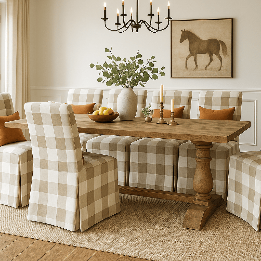 Rockin Cushions Dining_Chair_Cover Beige Buffalo Check Floor-Length Slipcover, Compatible with IKEA Henriksdal Chair – Classic Farmhouse Elegance