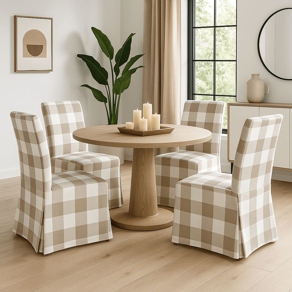Rockin Cushions Dining_Chair_Cover Beige Buffalo Check Floor-Length Slipcover, Compatible with IKEA Henriksdal Chair – Classic Farmhouse Elegance
