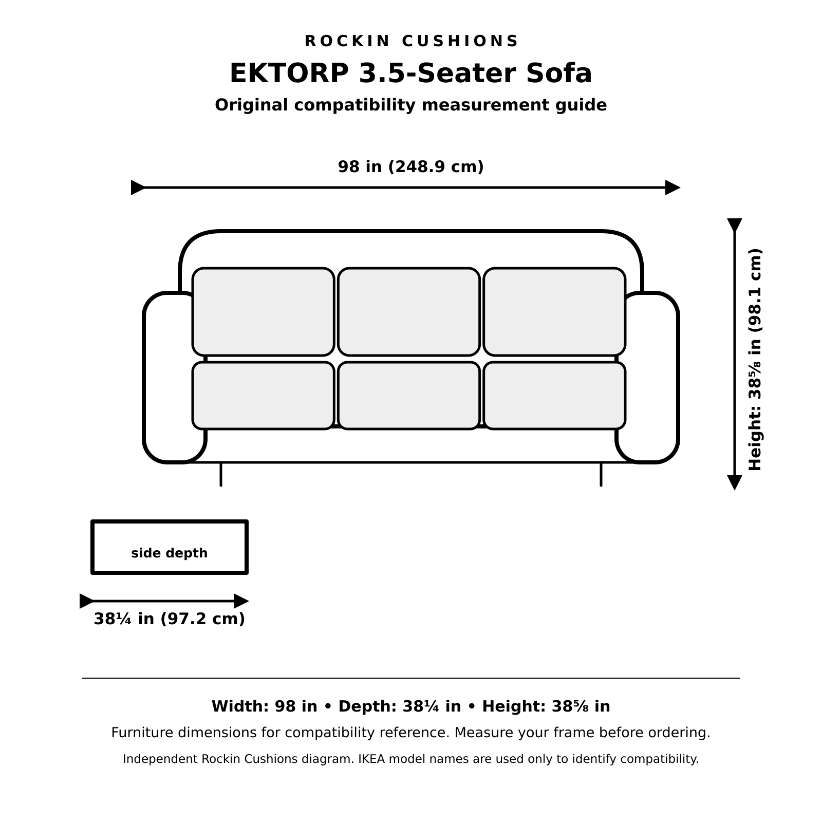 Measurement guide for a slipcover compatible with IKEA EKTORP 3.5-seater sofa
