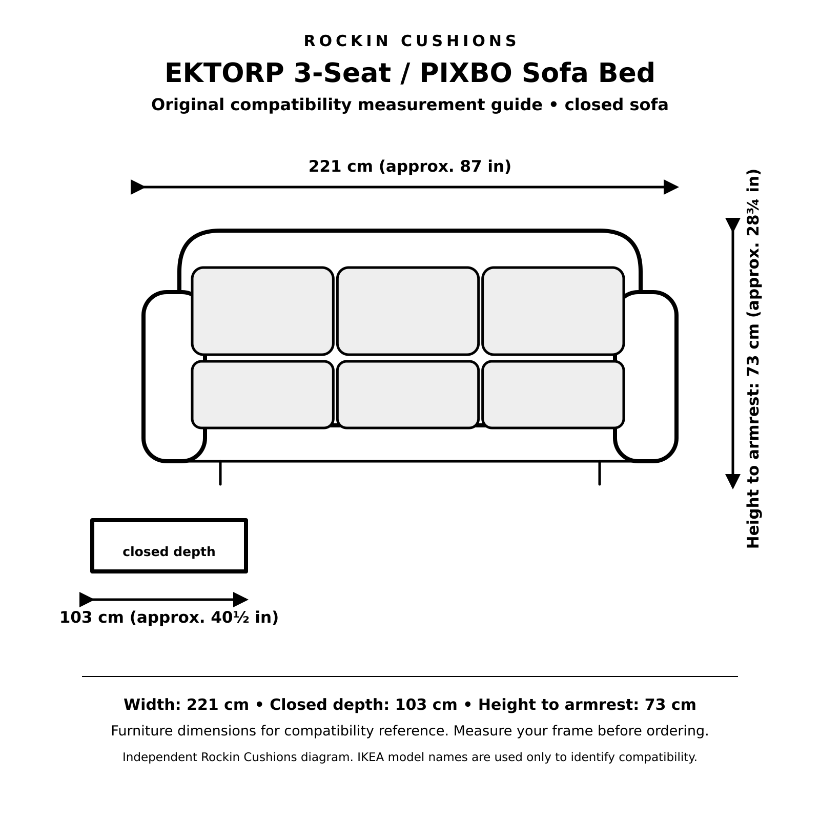 Measurement guide for a slipcover compatible with IKEA EKTORP 3-seat PIXBO sofa bed