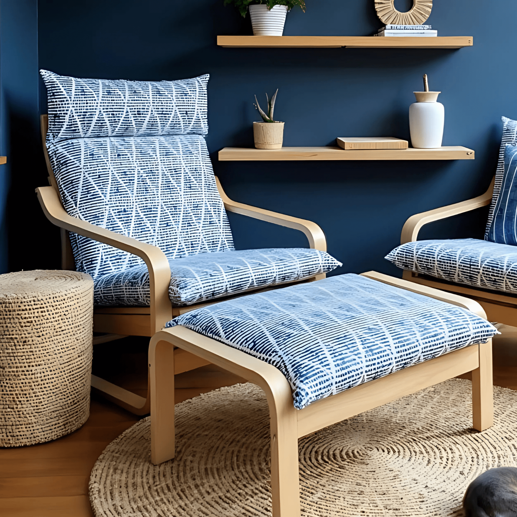 Rockin Cushions IKEA Adult Poang Boho Indigo Blue Diamond Print Chair and Footstool Covers, Compatible with IKEA Poang
