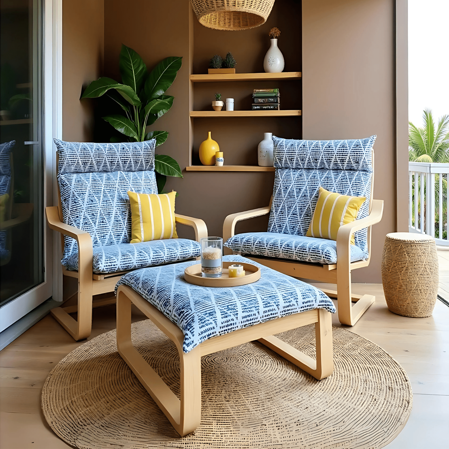 Rockin Cushions IKEA Adult Poang Boho Indigo Blue Diamond Print Chair and Footstool Covers, Compatible with IKEA Poang