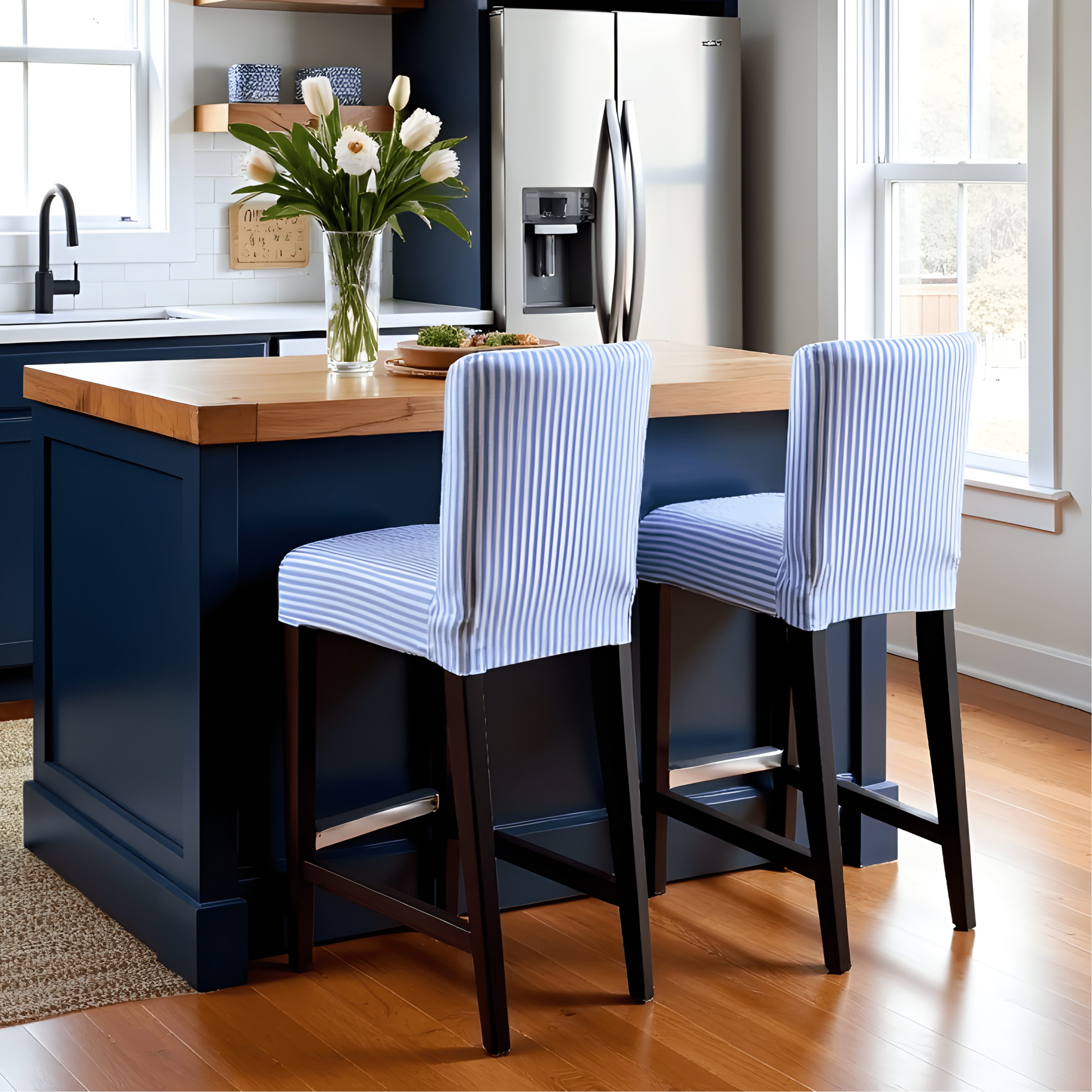 Rockin Cushions IKEA Henriksdal Barstool 2 Pack, Blue Ticking Stripe Barstool Covers, Compatible with IKEA Henriksdal