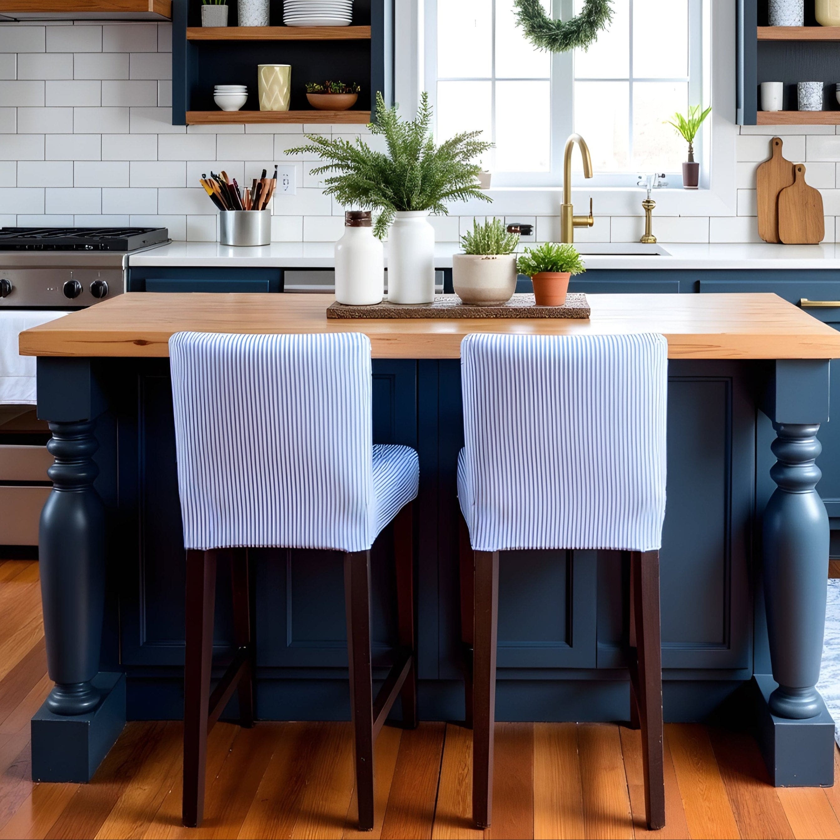 Rockin Cushions IKEA Henriksdal Barstool 2 Pack, Blue Ticking Stripe Barstool Covers, Compatible with IKEA Henriksdal