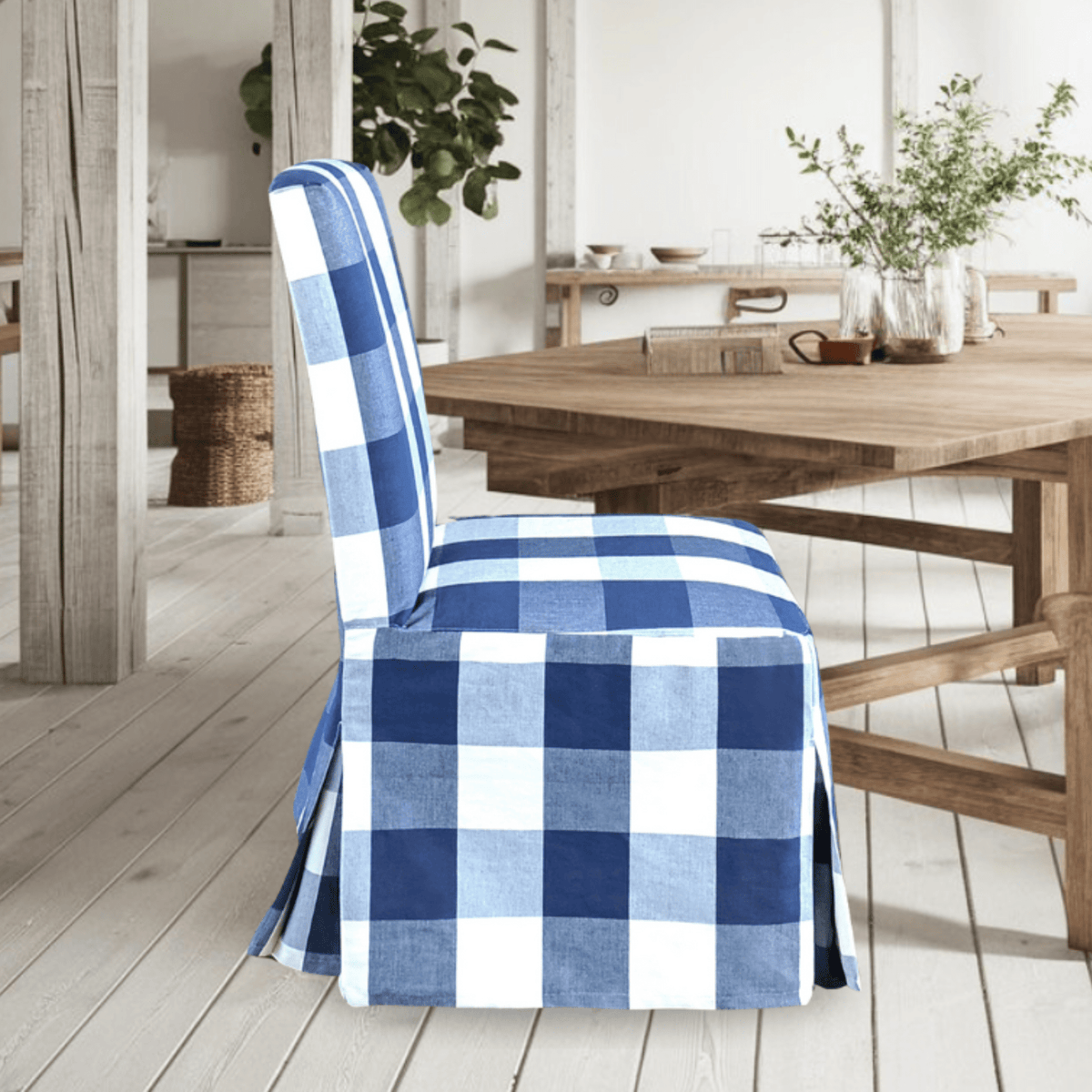 Buffalo Check Navy Blue Floor Length Dining Chair Cover Compatible wi Rockin Cushions