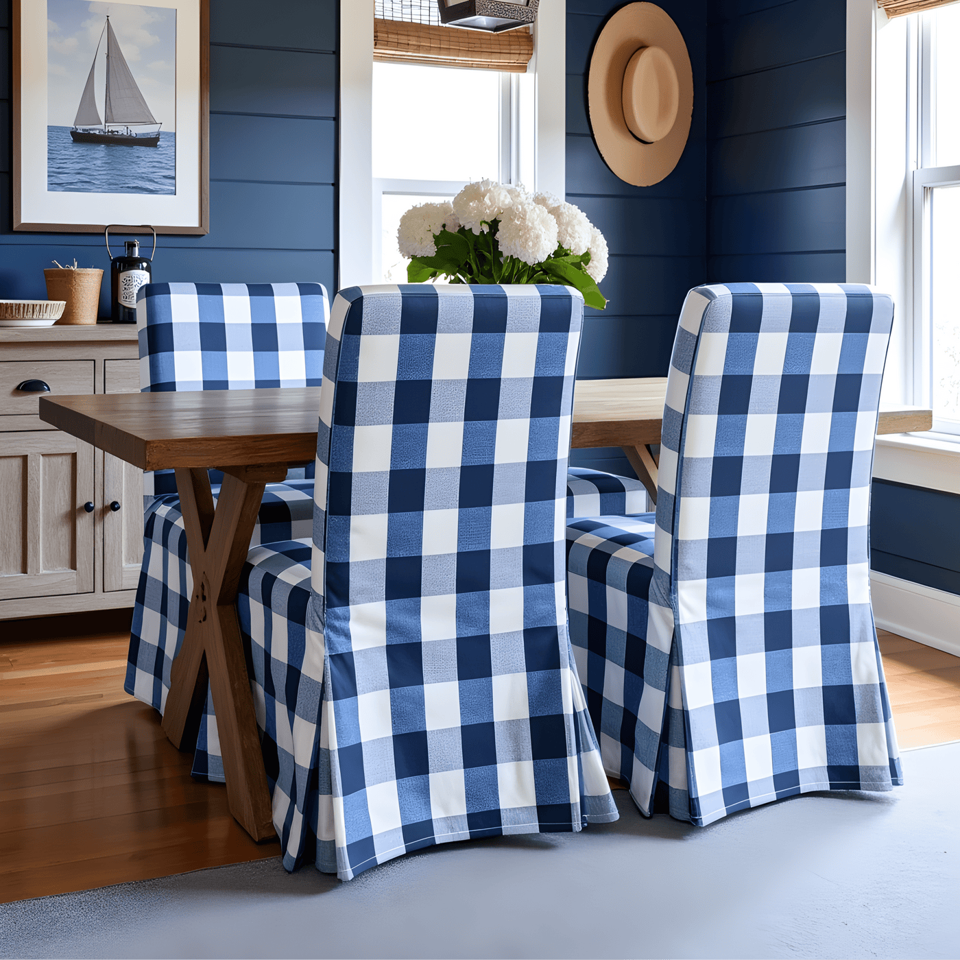 Buffalo Check Navy Blue Floor Length Dining Chair Cover