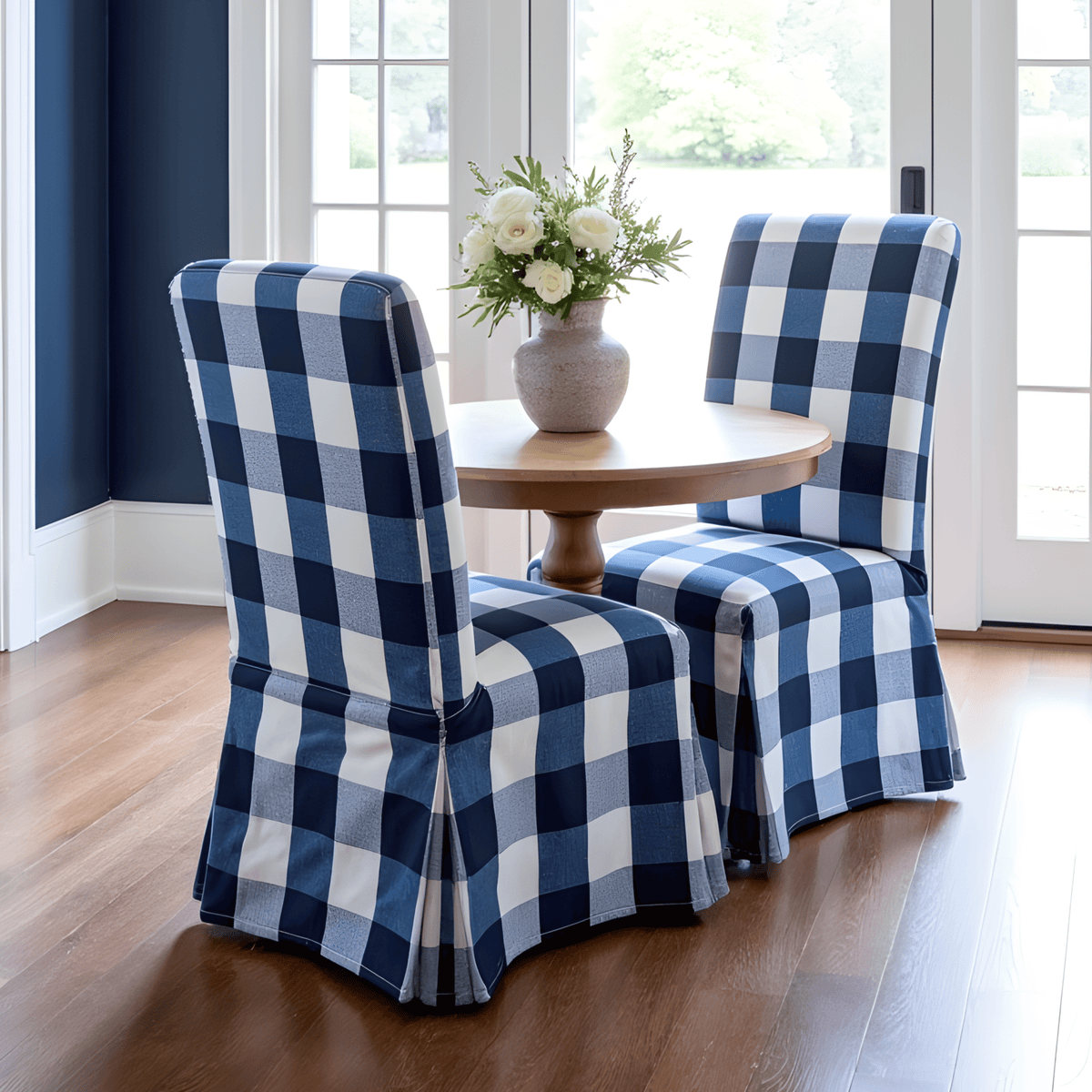 Chair Covers Ikea Farmhouse Chairs Buffalo Check Navy Blue Floor