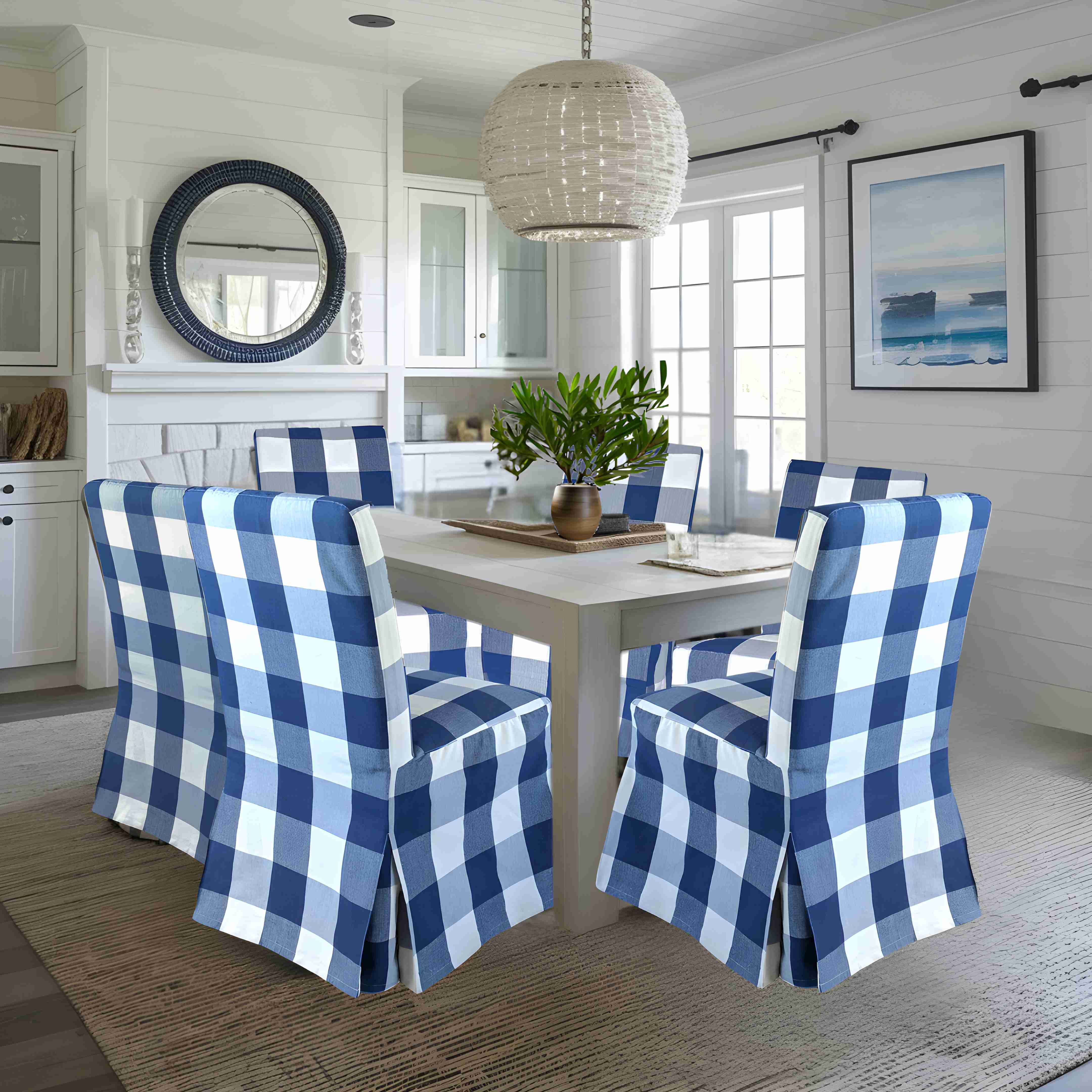 Buffalo Check Navy Blue Floor Length Dining Chair Cover Compatible wi Rockin Cushions