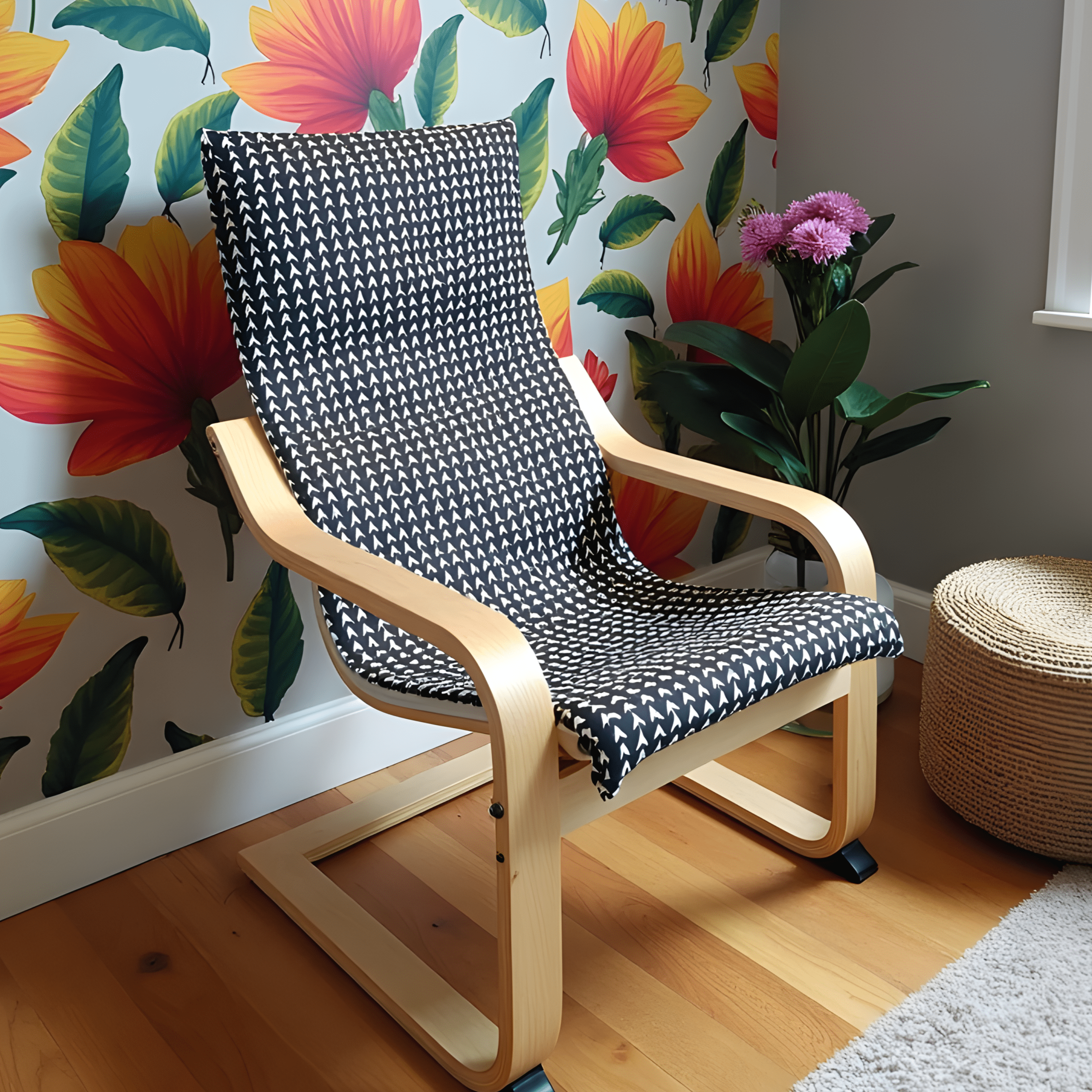 Rockin Cushions IKEA Kids Poang Black Vine Cotton Cushion Cover, Compatible with IKEA Children's Poang