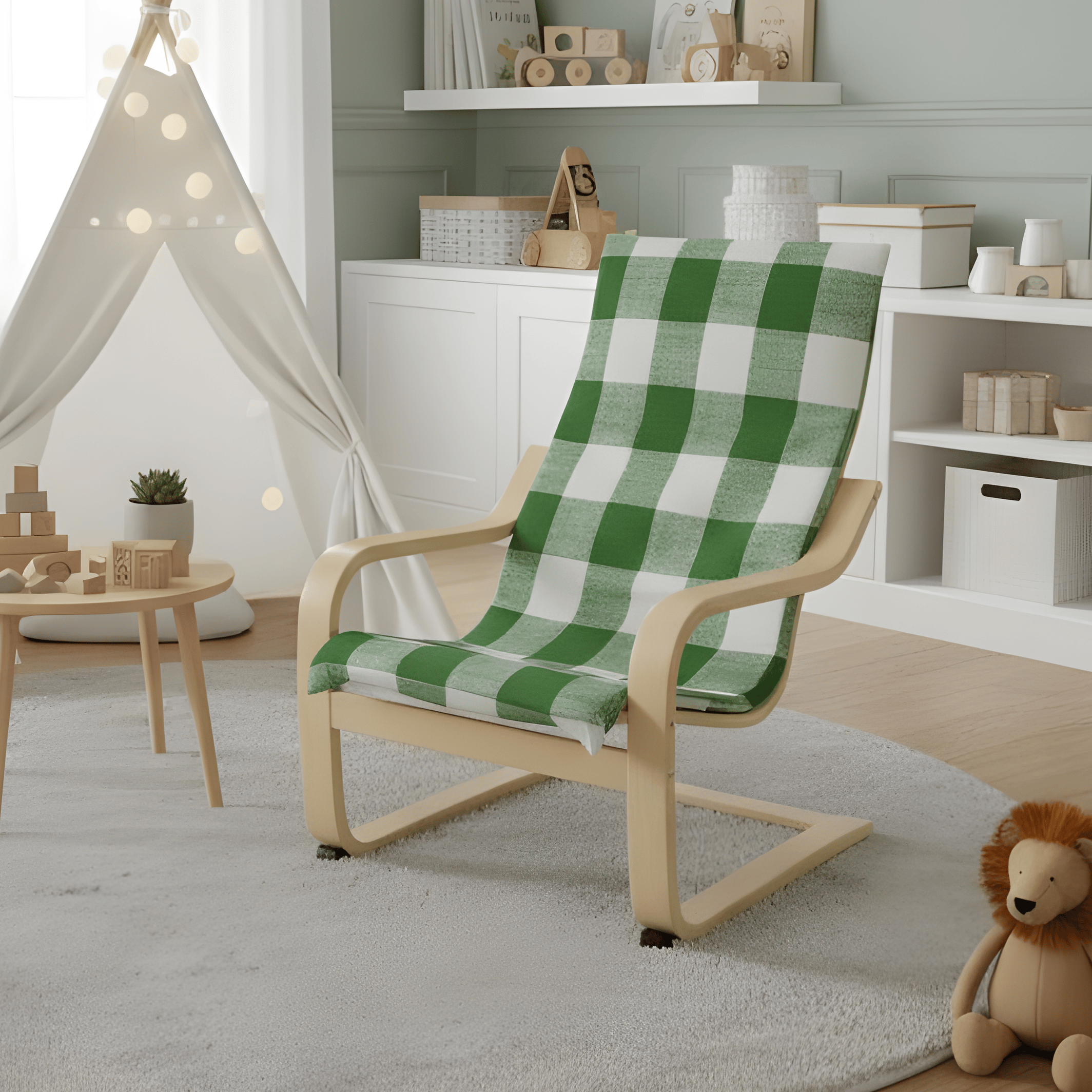 Rockin Cushions IKEA Kids Poang Green Check Cushion Cover, Compatible with IKEA Children's Poang
