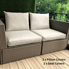 Load image into Gallery viewer, Rockin Cushions IKEA Outdoor Slipcovers 8-PIECE DELUXE BUNDLE Outdoor Cushion Cover Set and Chair Pads – Compatible with IKEA Duvholmen, Beige Stripe