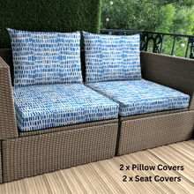 Load image into Gallery viewer, Rockin Cushions IKEA Outdoor Slipcovers 8-PIECE DELUXE BUNDLE Outdoor Cushion Cover Set and Chair Pads – Compatible with IKEA Duvholmen, Blue Rain