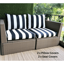 Load image into Gallery viewer, Rockin Cushions IKEA Outdoor Slipcovers 8-PIECE DELUXE BUNDLE Outdoor Cushion Covers and Chair Pads – Compatible with IKEA Duvholmen, Chic Black and White Cabana Stripe