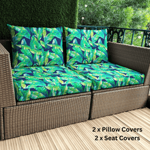 Load image into Gallery viewer, Rockin Cushions IKEA Outdoor Slipcovers 8-Piece Deluxe Outdoor Cushion Cover Set and Chair Pads – Compatible with IKEA Duvholmen, Blue Palms