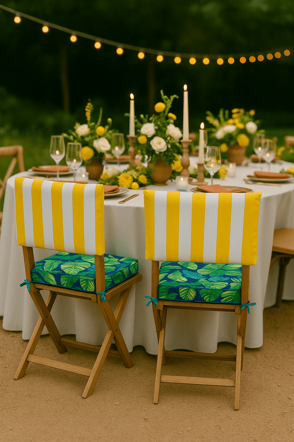 Rockin Cushions IKEA Outdoor Slipcovers Set of 2 Yellow Stripe & Navy Green Banana Leaf Chair Cover & Pad Set – Custom Event & Home Upgrade