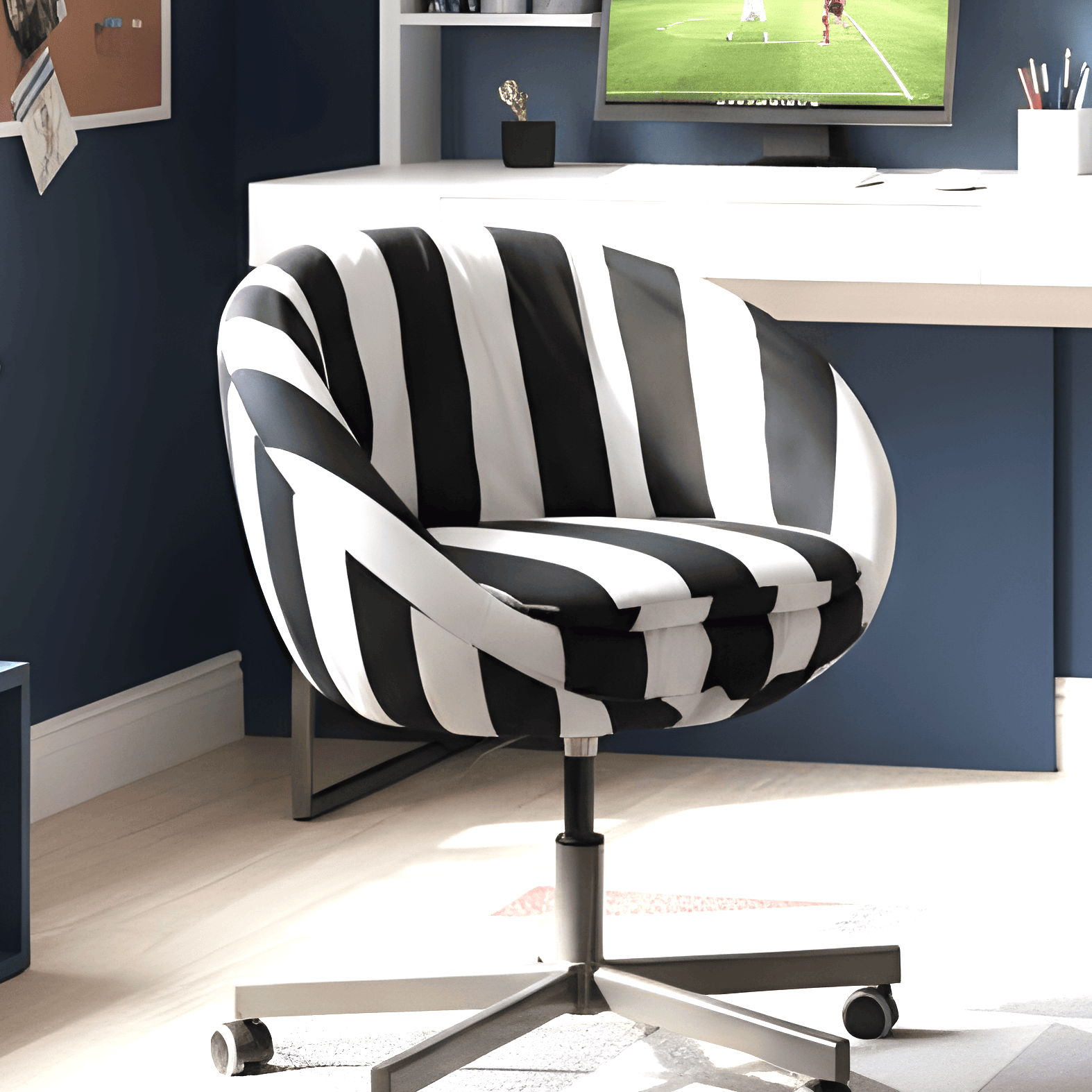Black and white striped office chair in a room with a desk and TV.