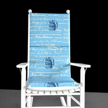 Load image into Gallery viewer, Rockin Cushions Rocking Chair Cushion Blue Calligraphy, Library Rocking Chair Cushion