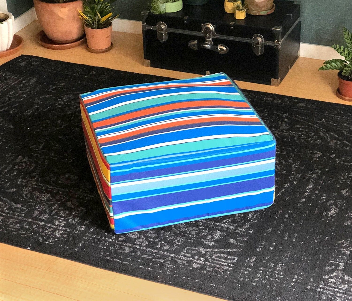 Rockin Cushions SALE Blue Beach Stripe Ottoman, Floor Pouf Slip Cover