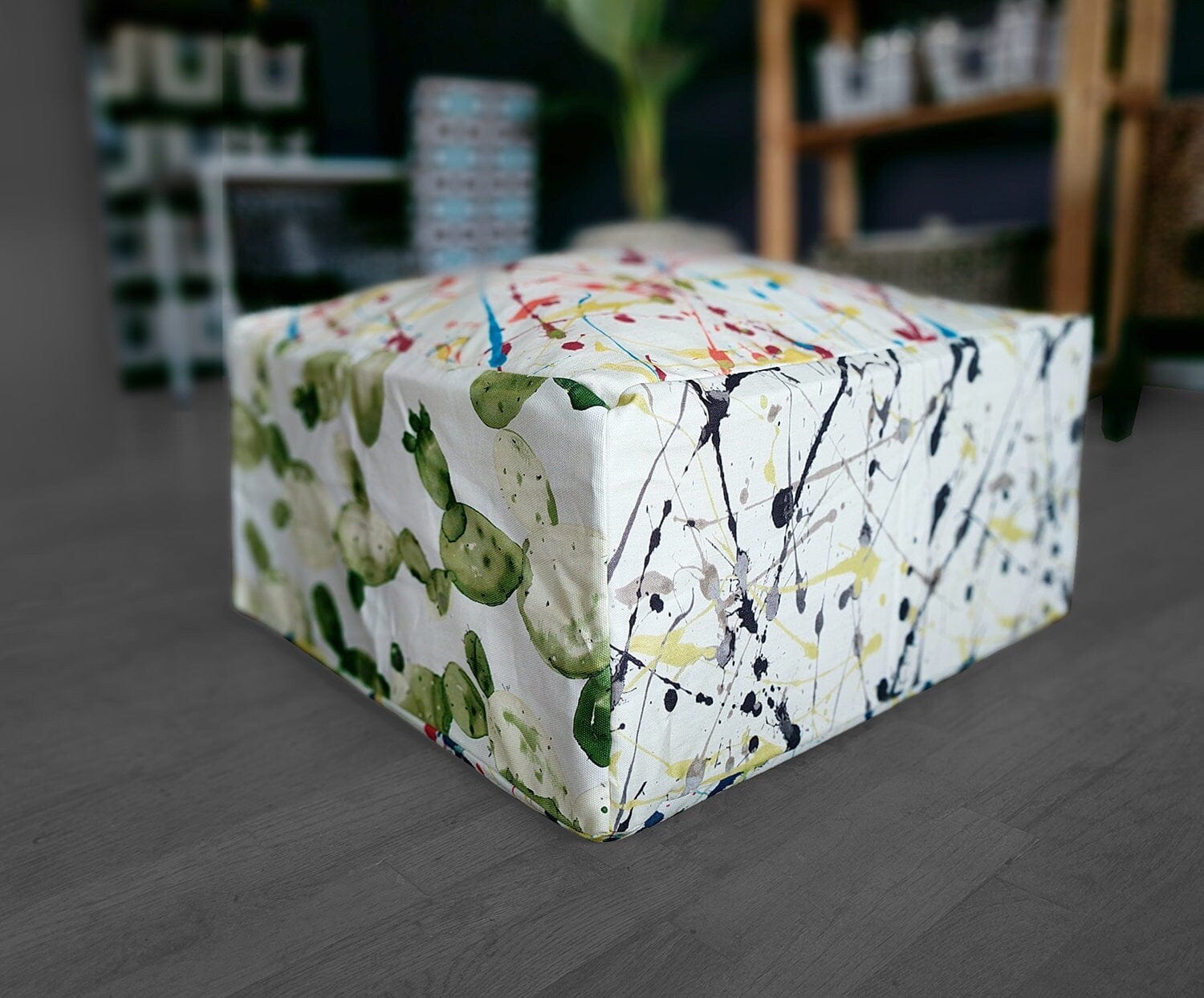 Rockin Cushions SALE Colorful Paint Splatter Cactus Ottoman, Floor Pouf Cover