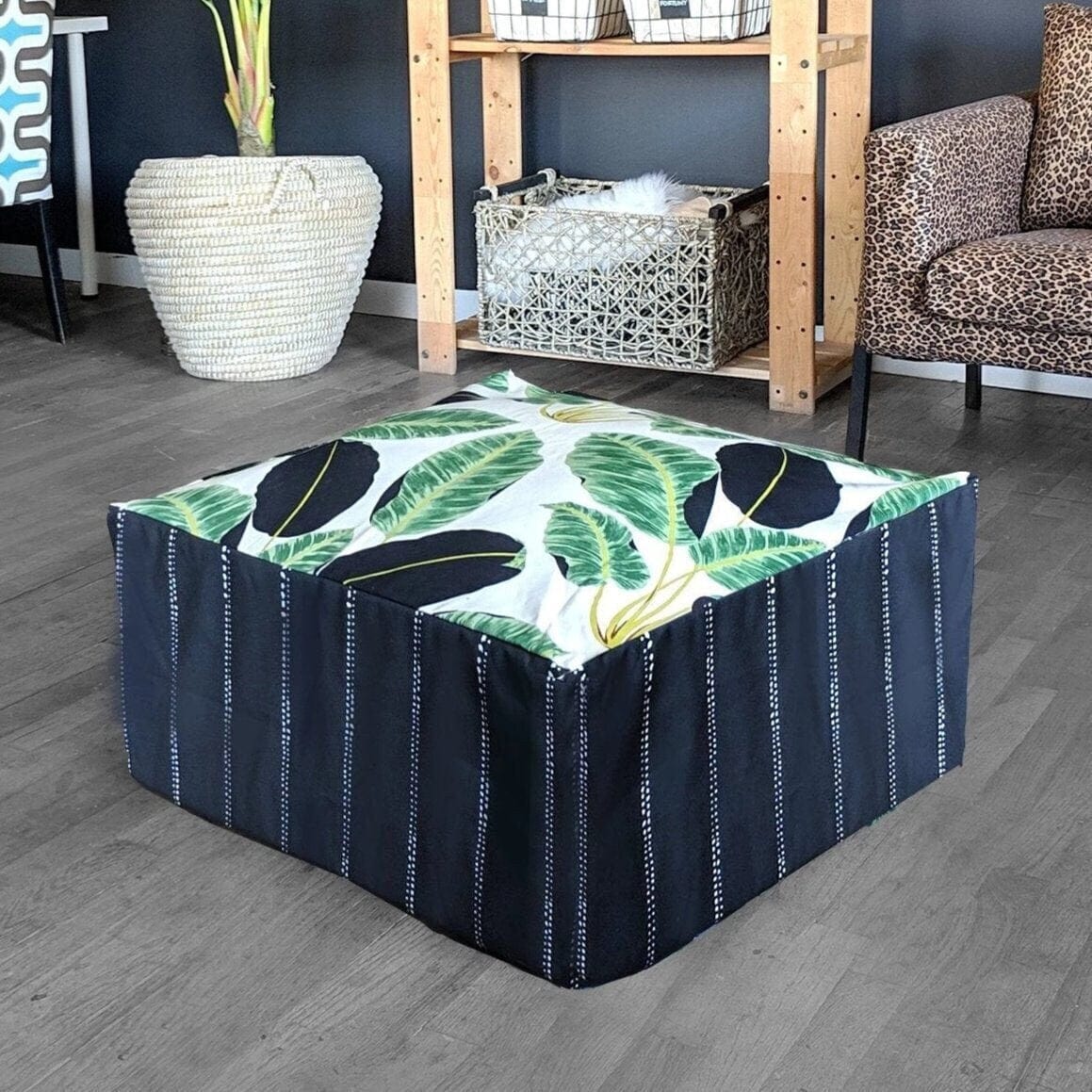 Rockin Cushions SALE Floor Pouf Cover, Black Pinstripe, Tropical Palm Leaves