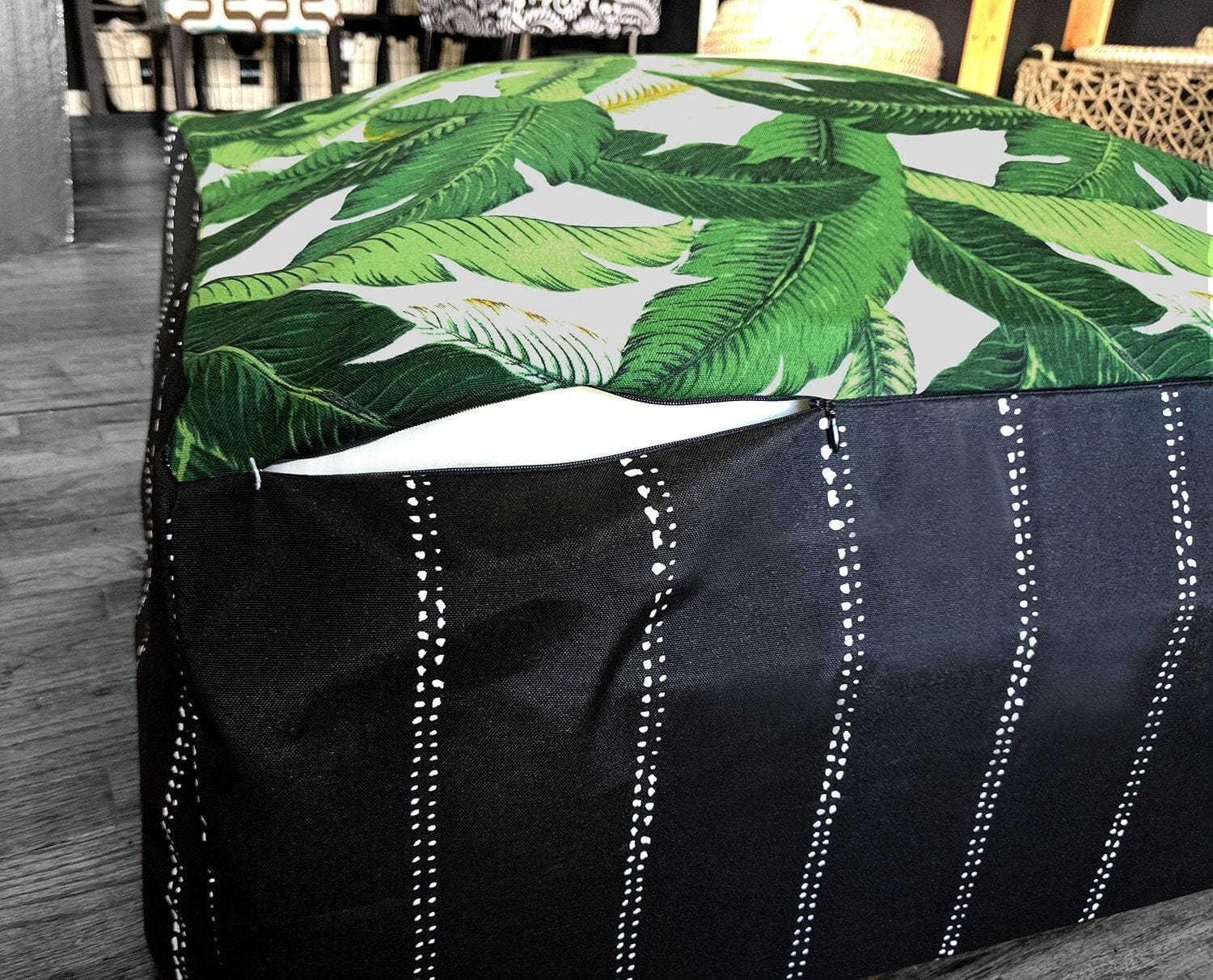 Rockin Cushions SALE Floor Pouf Cover, Black Pinstripe, Tropical Palm Leaves