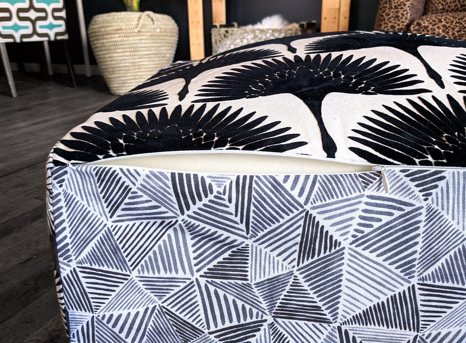 Rockin Cushions SALE Floor Pouf Cover, Ottoman, Neutral Tones, Velvet Fan Print