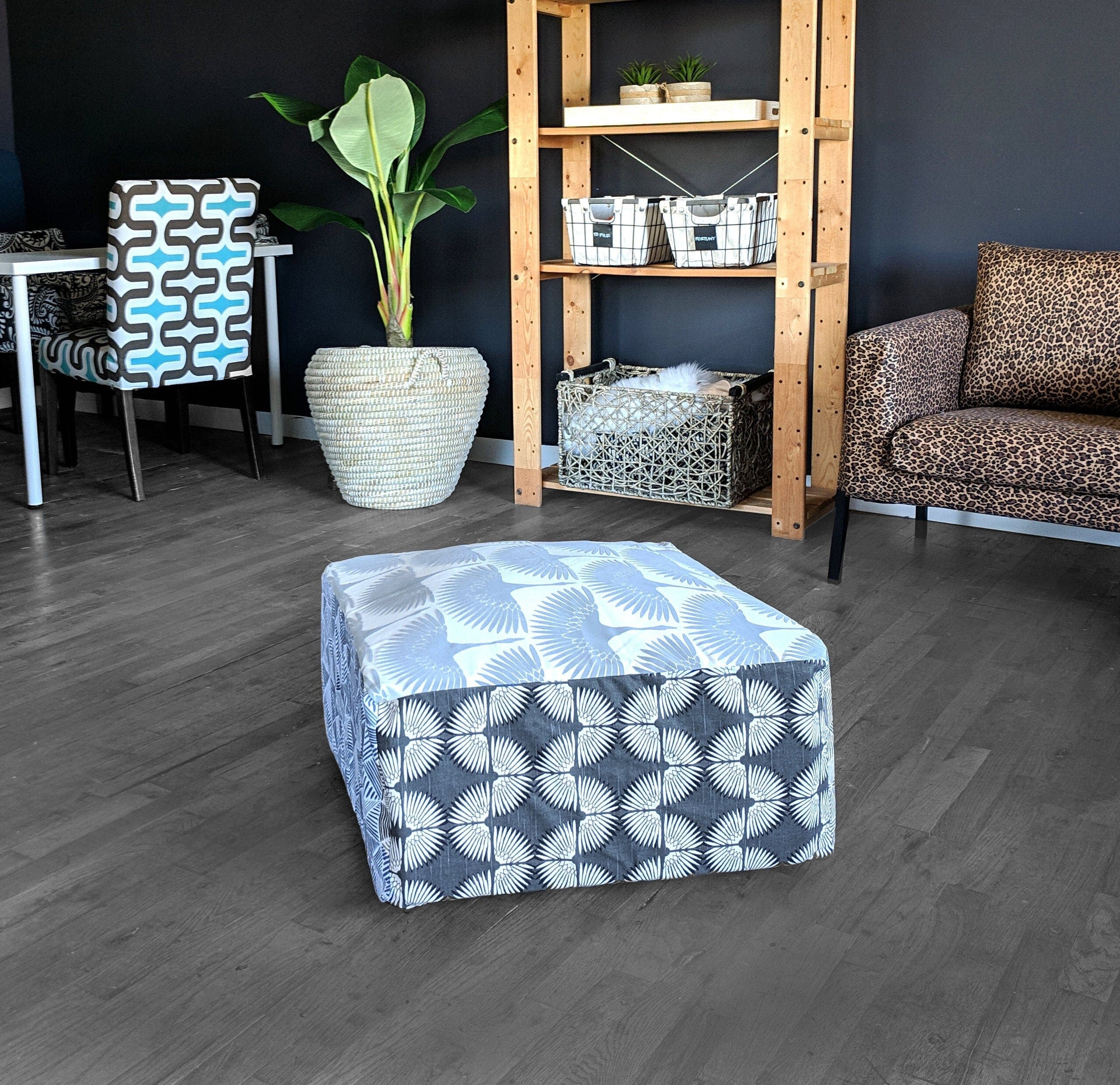 Rockin Cushions SALE Floor Pouf Cover, Ottoman, Neutral Tones, Velvet Fan Print