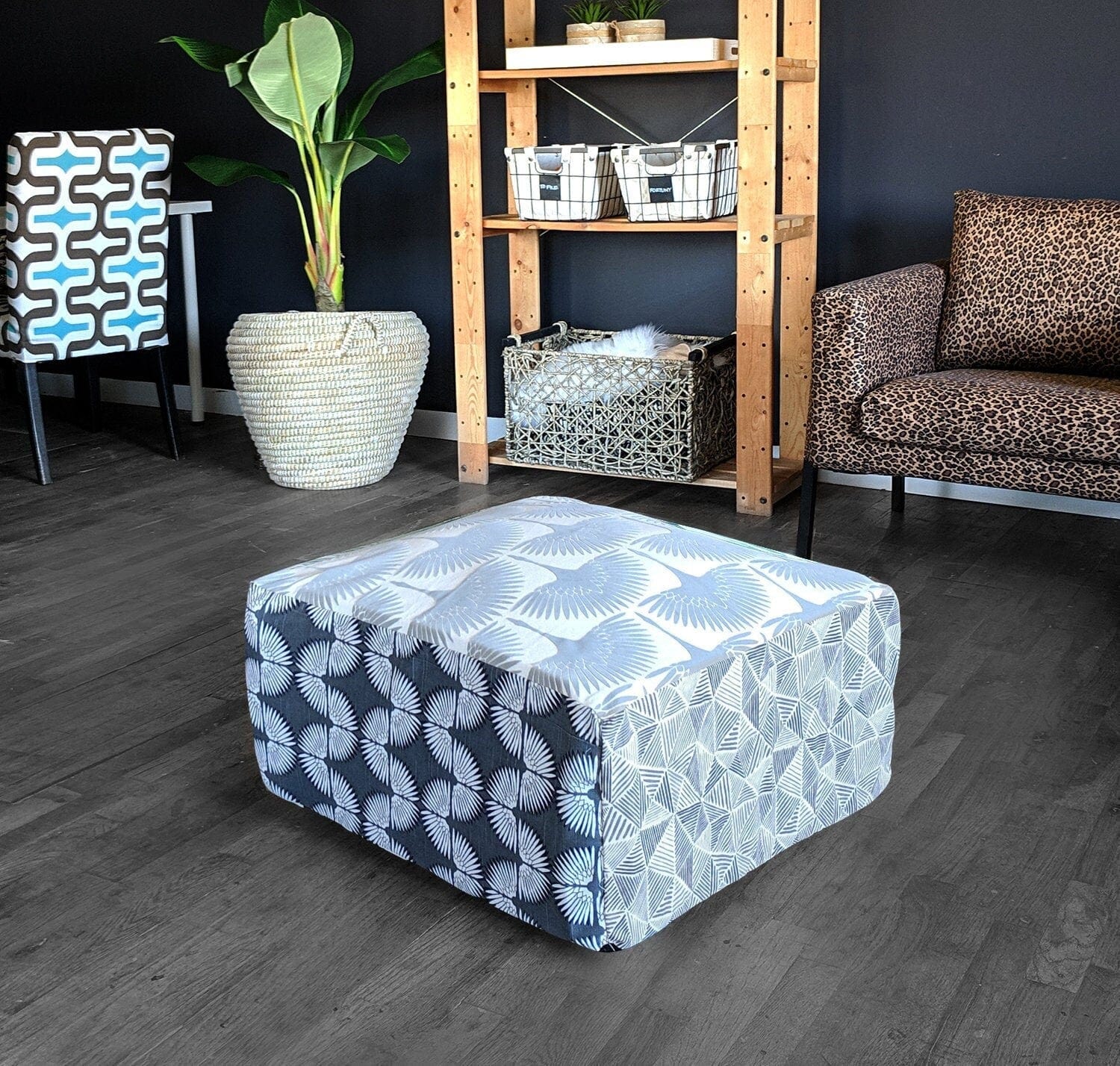 Rockin Cushions SALE Floor Pouf Cover, Ottoman, Neutral Tones, Velvet Fan Print