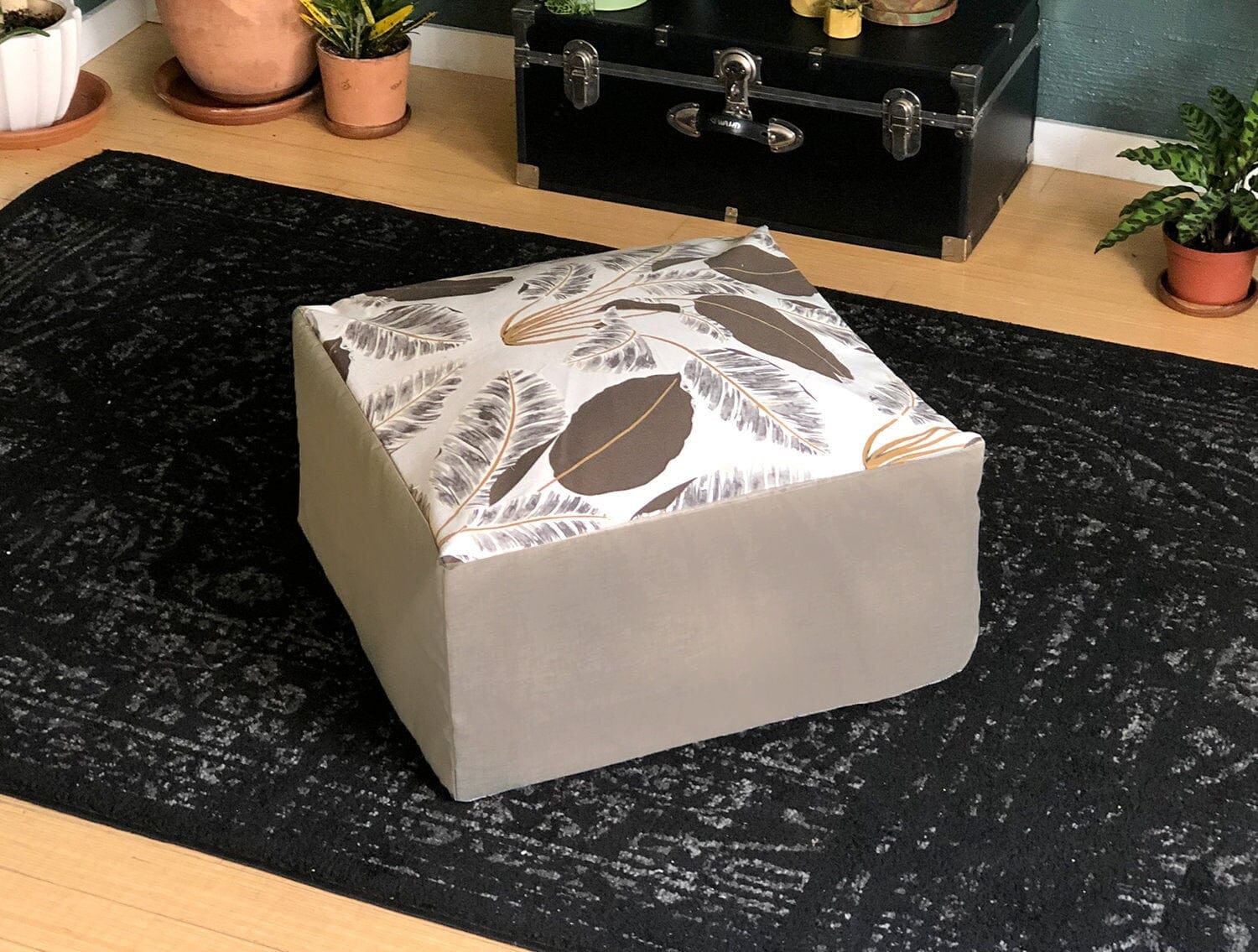 Rockin Cushions SALE Floor Pouf Cover, Ottoman Seat Cover, Beige Palm Leaf,  Geometric Print