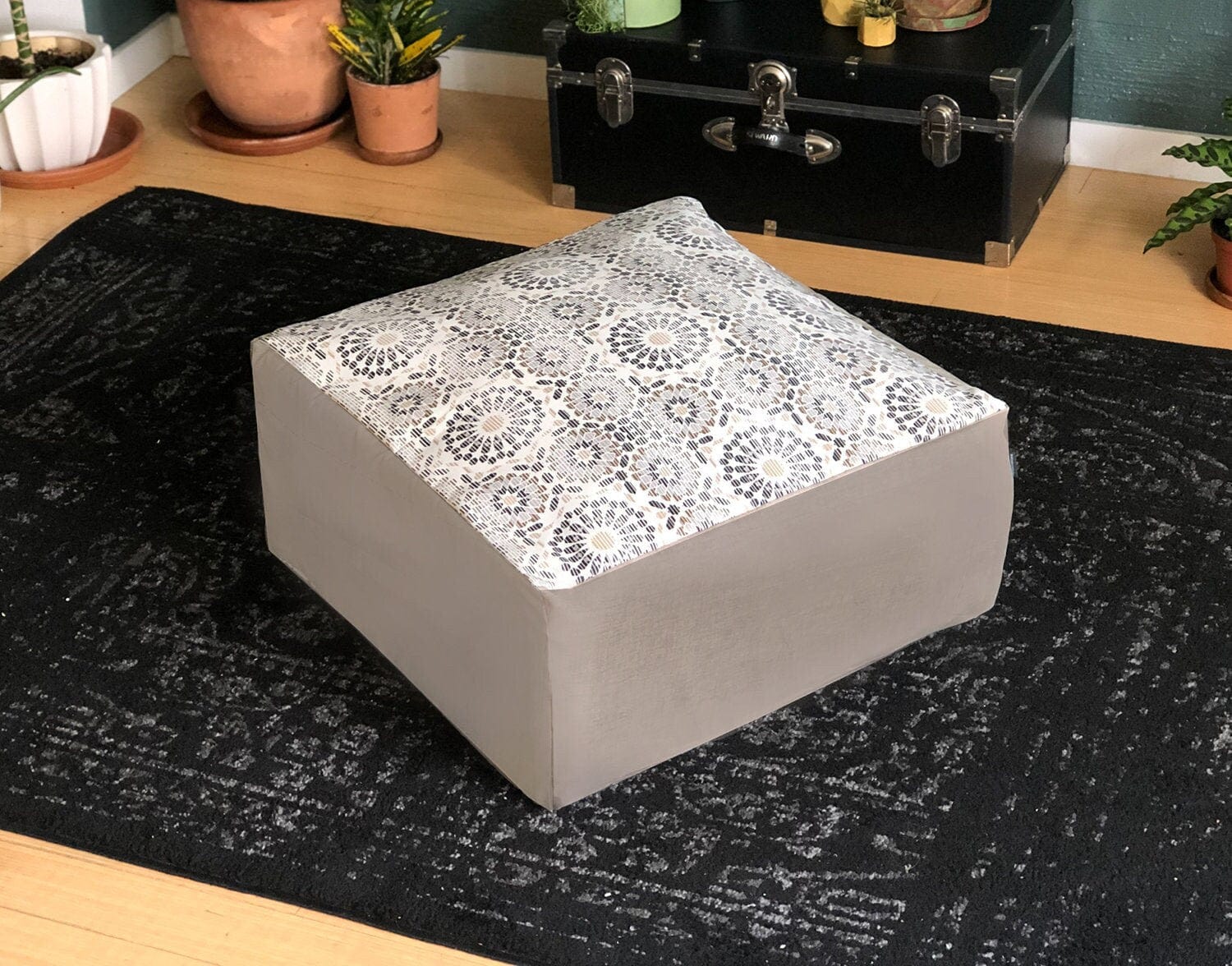 Rockin Cushions SALE Floor Pouf Cover, Ottoman Seat Cover, Beige Palm Leaf,  Geometric Print