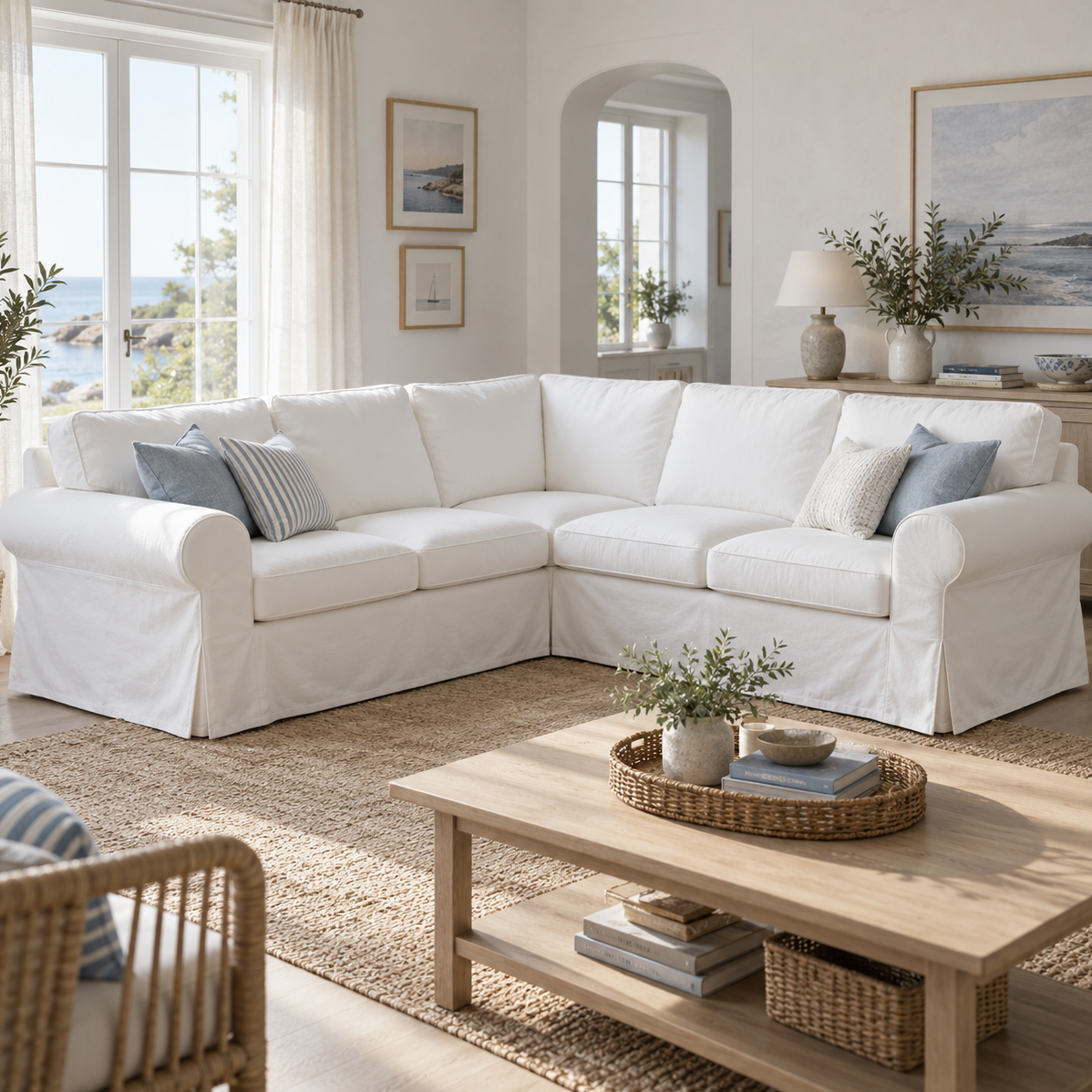 White cotton canvas slipcover compatible with IKEA EKTORP 4-seat corner sectional, front-left view in a bright coastal living room